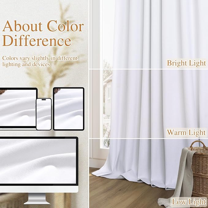 Guken White 100% Blackout Linen Curtains 52 Inch Wide by 142 Inch - Image 7