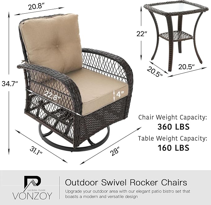 3 Pieces Patio Furniture Set, Outdoor Swivel Glider Rocker, Wicker Patio Bistro - Image 7