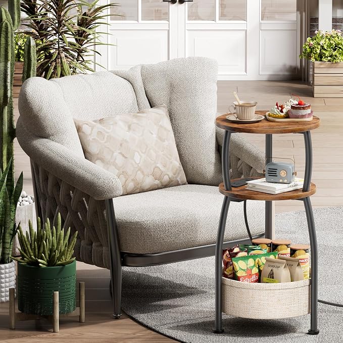 Side Table with Charging Station, Small Round End Table with Basket, USB Port - Image 8