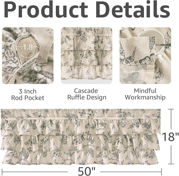 jinchan Ruffled Valance Curtain Linen Floral Kitchen Valance 18 Inch Shabby - Image 5