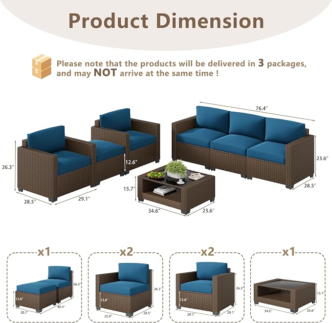 LOUVIXA 7 Piece Outdoor Patio Furniture Set, Rattan Chairs Glass Table Wicker - Image 2