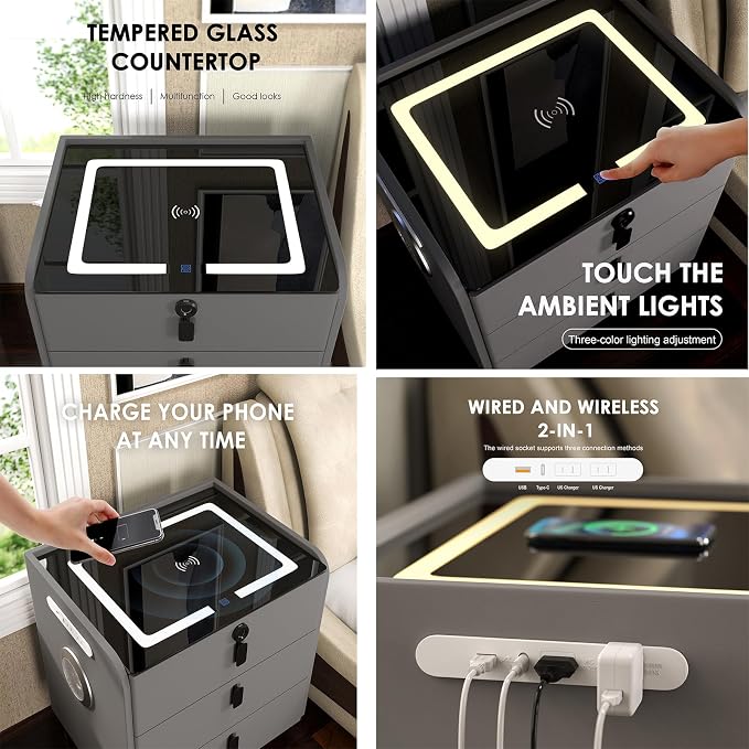 Smart Nightstand with Fingerprint Lock Drawer, Nightstand with Wireless Charging - Image 8