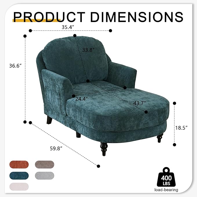 Chaise Lounge Chair Indoor, 59.8" Oversized Couch Reading Chairs, Chenille - Image 2
