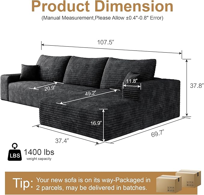 108" Sectional Couches for Living Room Cloud Couch Sofa - Image 2