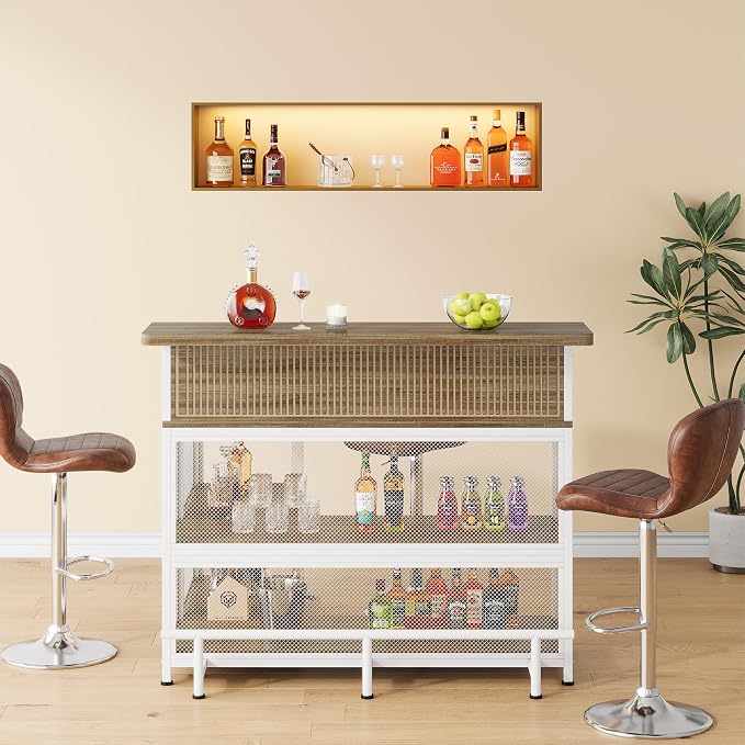 L-Shaped Home Bar Unit with Wine Glasses Holder and LED Light, Modern Bar Table - Image 4