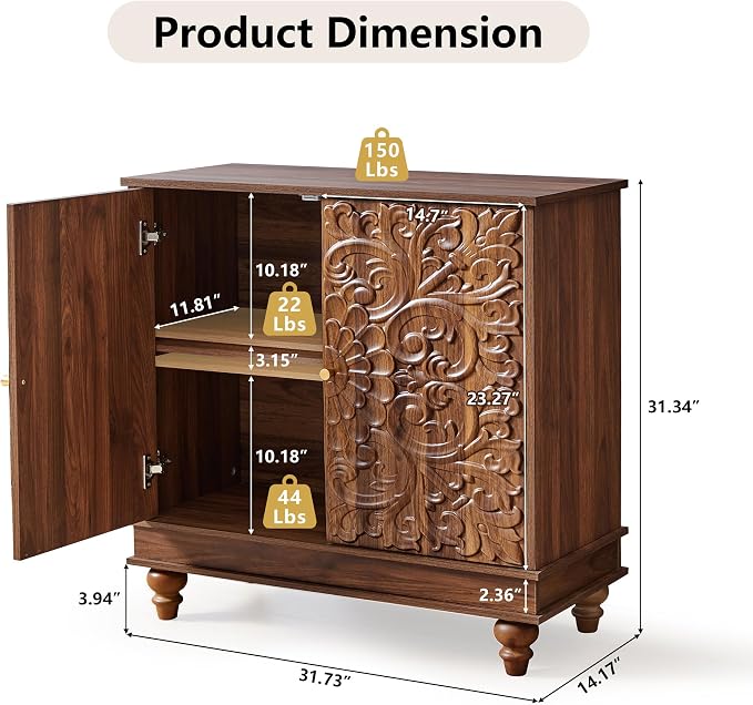 weselon Accent Cabinet with 2 Doors, Farmhouse Carved Buffet Sideboard with - Image 2