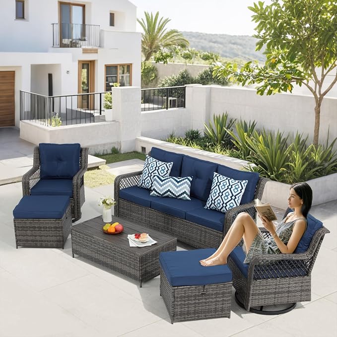 6 Pieces Wicker Patio Furniture Set Conversations Sets, 2 Outdoor 360° Swivel - Image 5
