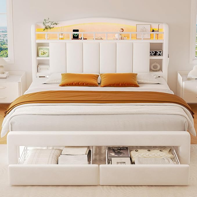 Full Size Bed Frame with LED Storage Headboard & 2 Storage Drawers, Velvet - Image 3