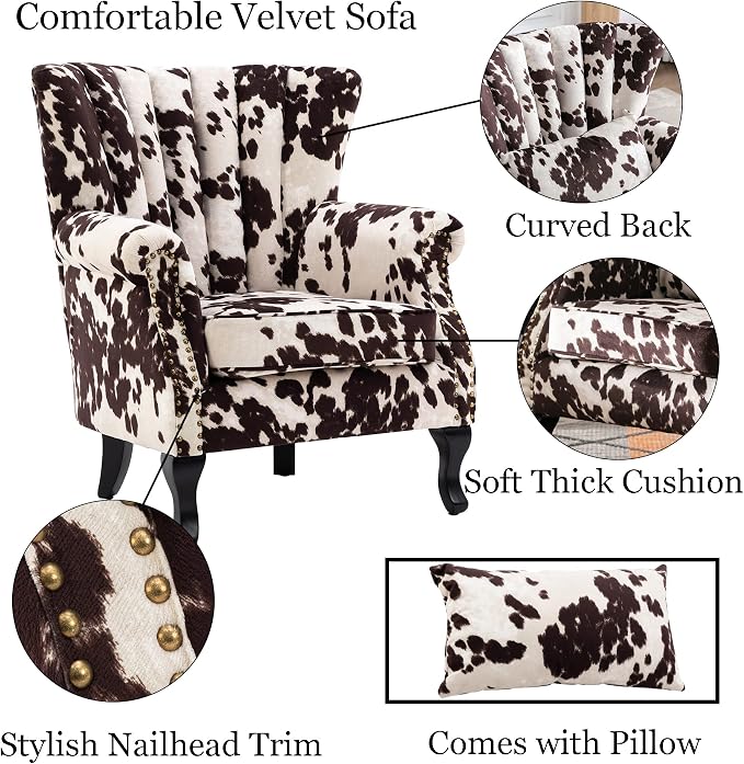 Cow Print Accent Chair Modern Velvet Armchair Tufted Wingback Club Chair Single - Image 7