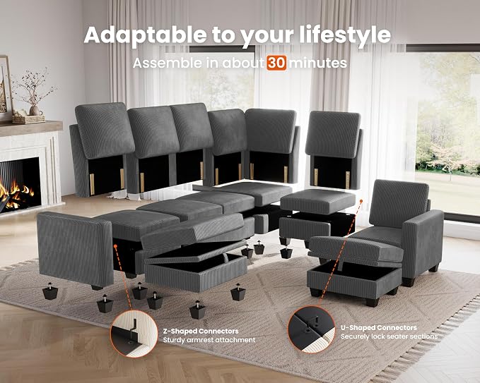CHIC HOUSE Middle Module for Modular Couch, Corduroy Customizable Chaise - Image 4