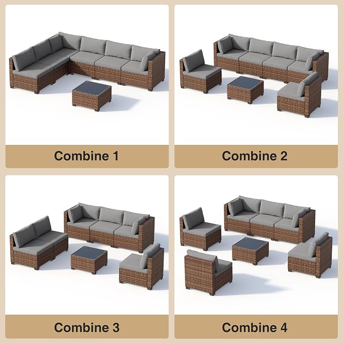 Qsun 7 Pieces Patio Furniture Set, Outdoor Sectional Rattan Sofa Set, Wicker - Image 4