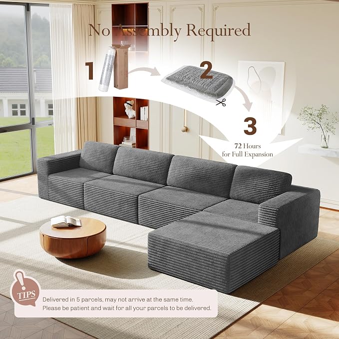 Vesgantti 159" Large Modular Sectional Sofa, L-Shaped Corduroy Cloud Couch - Image 6