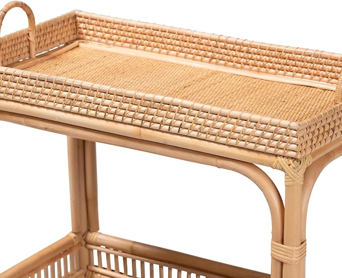 Bali & pari Lombok Modern Bohemian Natural Rattan 2-Tier Wine Cart - Image 4