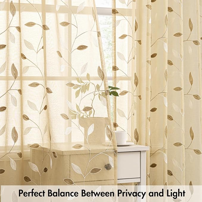 MIULEE Beige Sheer Kitchen Curtains 30x36 Inches Length 2 Panels Embroidered - Image 5