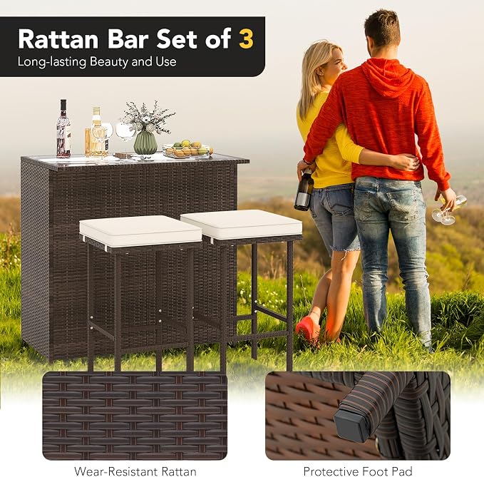 Tangkula Patio Bar Set, 3 Piece Outdoor Rattan Wicker Bar Set - Image 6
