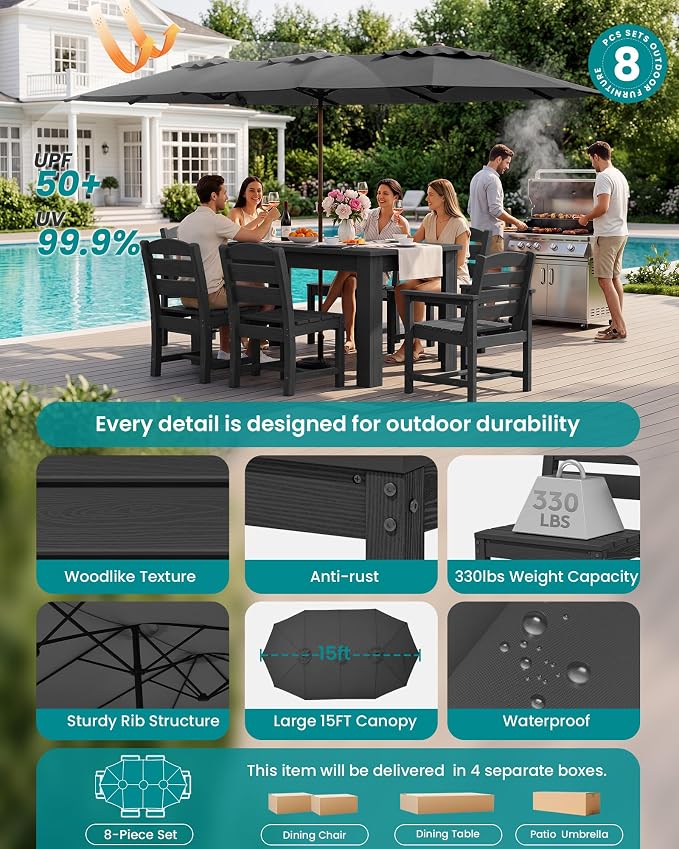 SERWALL Outdoor Dining Set for 8 – HDPE Patio Set - Image 4