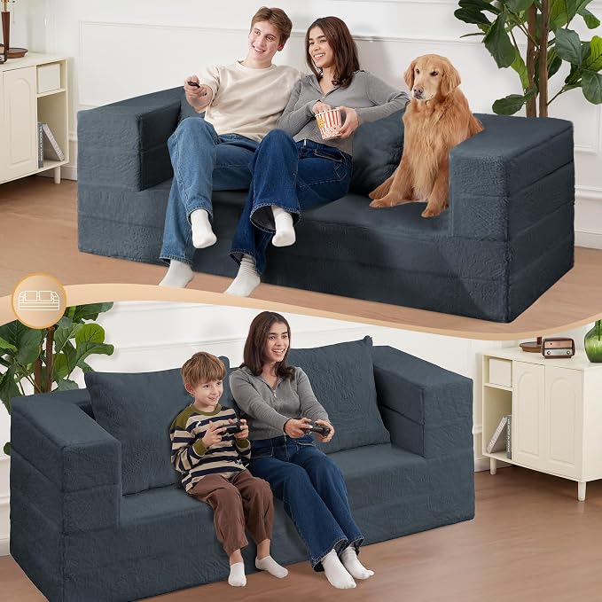 Folding Bean Bag Chair for Adults, 3-in-1 Bean Bag Couch Faux Fur Floor Sofa - Image 5