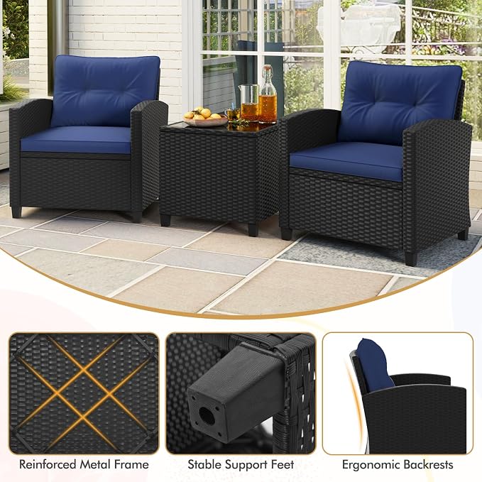 HAPPYGRILL 3 Pieces Wicker Patio Conversation Set, PE Rattan Bistro Sofa Set - Image 7