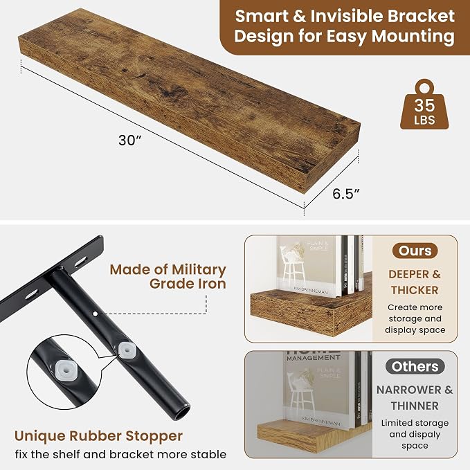 fuqing Floating Shelves for Wall, Wall Mounted Wood Floating Shelf - Image 3