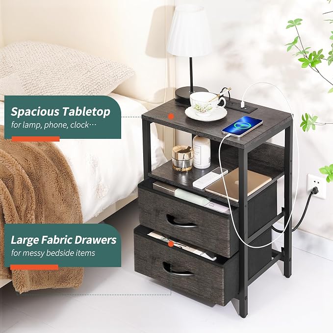 Yoobure Nightstand with Charging Station, LED Night Stand with Fabric Drawers - Image 7