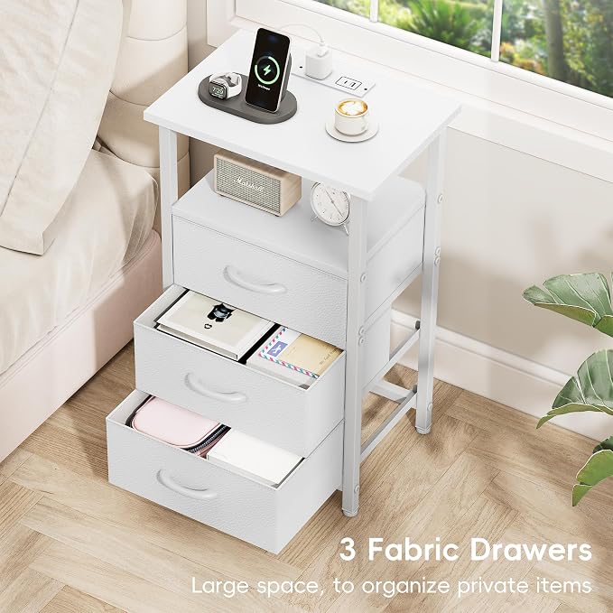Vagusicc Nightstand with Charging Station, End Table Side Table with 3 Fabric - Image 7