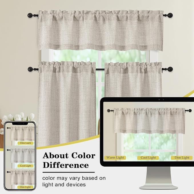 Valances for Windows, Light Filtering Faux Linen Textured Small Short Valance - Image 8