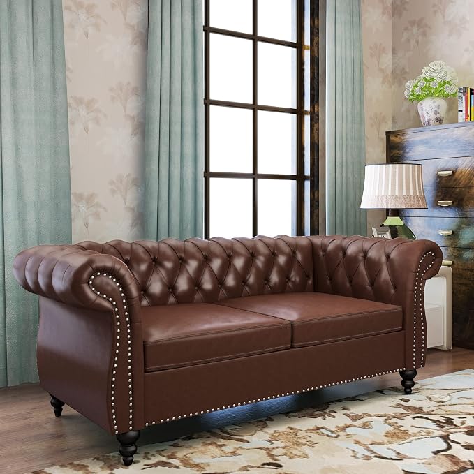 ORRD 2 Piece Living Room Set, Chesterfield Leather Sofa Loveseat Couch - Image 5