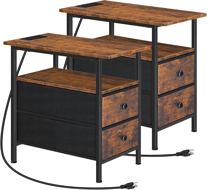 HOOBRO End Table with Charging Station, Nightstand with 2 Non-Woven Drawers by HOOBRO