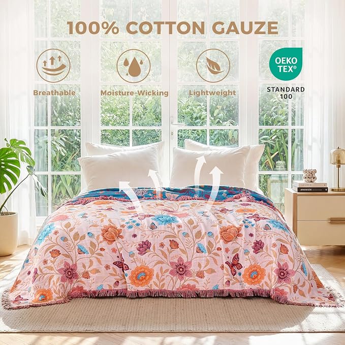LUTBM Boho Throw Blanket for Bed Cotton Summer Blankets Twin Size for Bedroom - Image 3