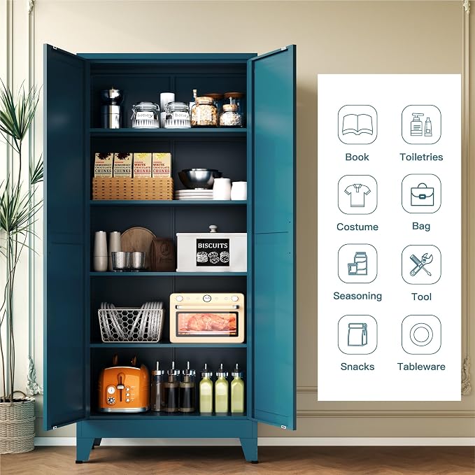 YAUWOH 71''Metal Cabinet with 4 Adjustable Shelves, 5-Tier Pantry Storage - Image 6