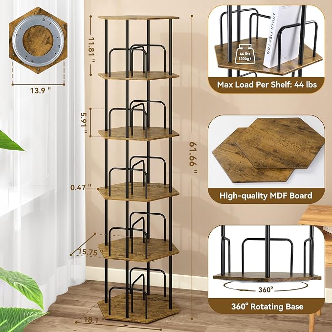 SUNMORY 5 Tier Rotating Bookshelf Tower, Revolving 360 ° Spinning Bookcase - Image 2