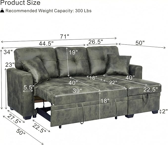 L Shaped Sectional Couch with Storage and Pull Out Bed, 3 Seater Sleeper Sofas - Image 4
