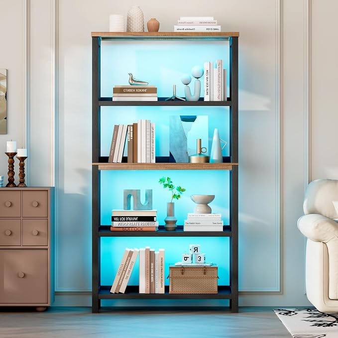 Vlsrka Wooden Bookshelf with Lights, 5 Tier Bookshelf with Storage, Tall - Image 7