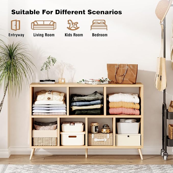 7-Cube Storage Organizer with Natural Wood Legs, Mid-Century Modern Bookcase - Image 6