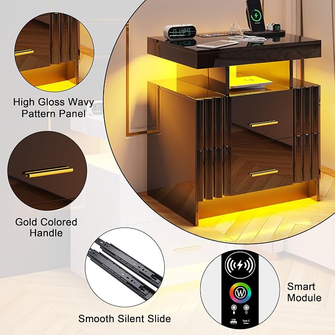 Nightstand with Wireless Charging Station, Bedroom Bedside Table with RGB Lights - Image 6
