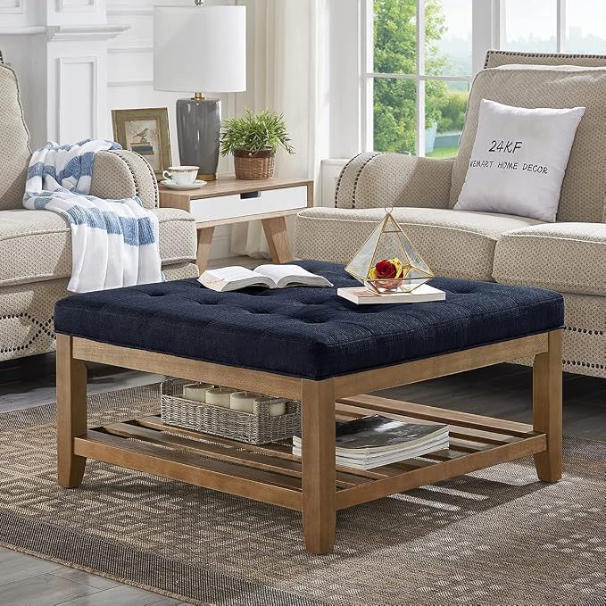 24KF Large Square Upholstered Tufted Linen Ottoman, Large Footrest Ottoman by WEMARTHOMEDECOR