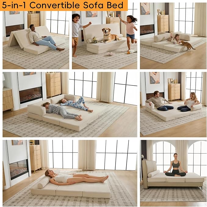 5-in-1 Convertible Sofa Bed, Corduroy Futon Couch Sleeper - Image 3