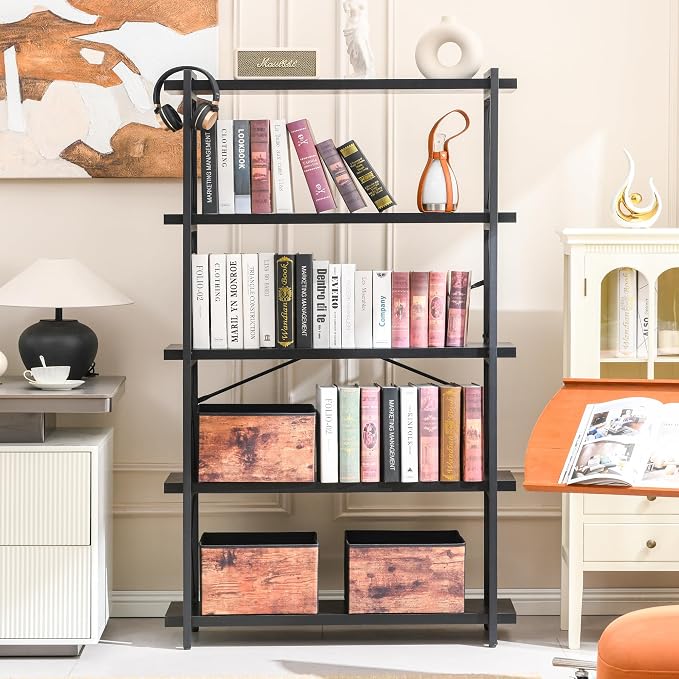 HCHQHS Bookshelf, 5-Tier Industrial Bookcase, Freestanding Tall Bookshelves - Image 2