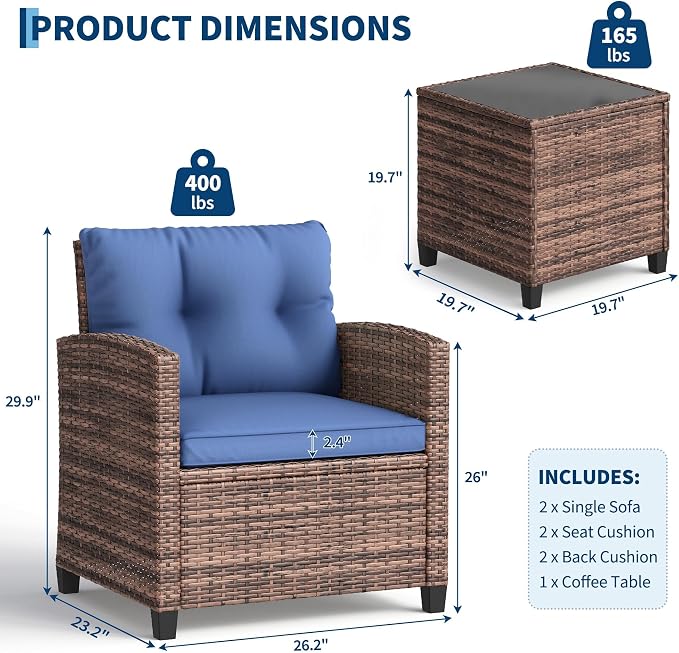 GarveeHome 3-Piece Outdoor Wicker Sofa Set, PE Rattan Patio Furniture - Image 2