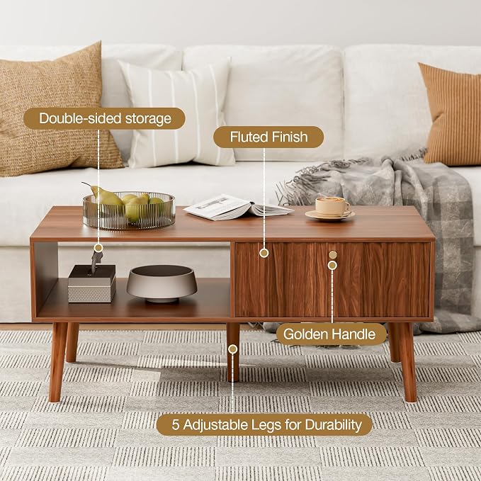 LCRBOL Coffee Table with Storage, Mid Century Dining Table with Fluted Drawer - Image 3