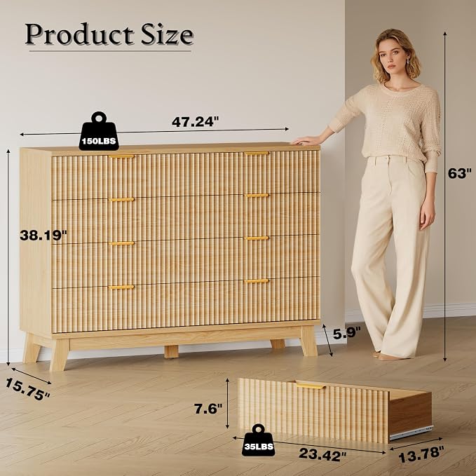 BORNOON Fluted 8 Drawer Tall Dresser, 47.2" Wide Modern Boho Chest of Drawers - Image 2