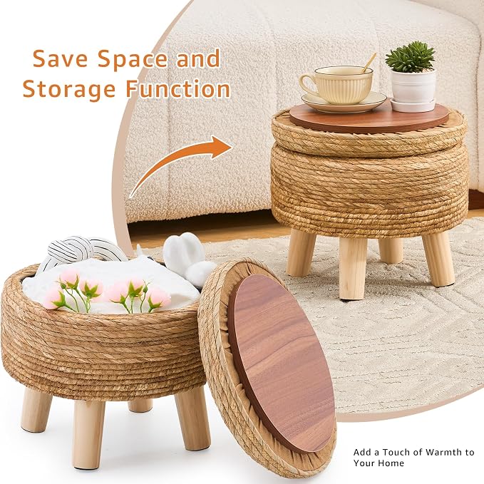 Cpintltr Storage Ottoman Poufs Handwoven Footstool Natural Seagrass Round - Image 6