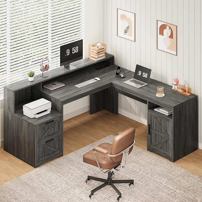 YOMILUVE 63" Farmhouse L Shaped Executive Desk by YomiluveDesign