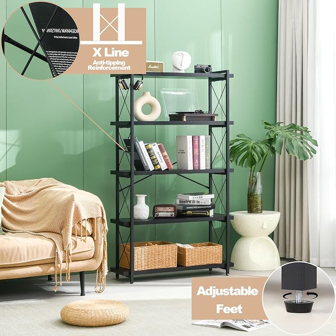 HCHQHS Bookshelf, 5-Tier Industrial Bookcase, Freestanding Tall Bookshelves - Image 7