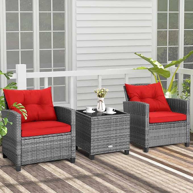COSTWAY 3PCS Patio Furniture Set, PE Rattan Wicker Sofa w/Washable Cushion and - Image 2