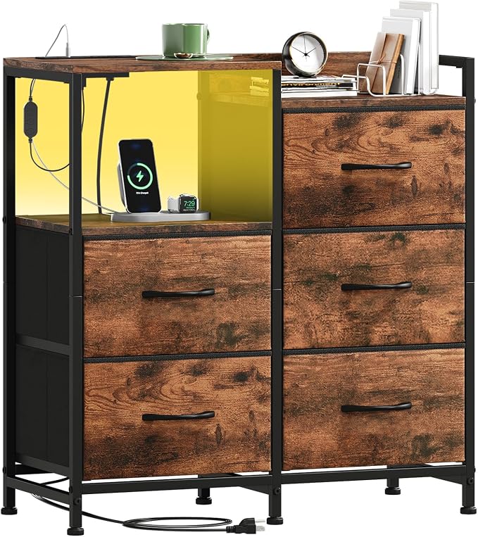 Somdot Nightstand with Charging Station and LED Light, Wide 5 Drawers Dresser by Somdot