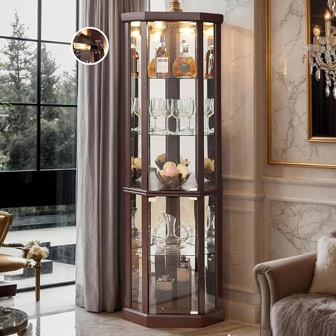 Corner Curio Cabinet, Light Bulb Inclued, Wine Bar China Cabinet by CKEASEANFurniture