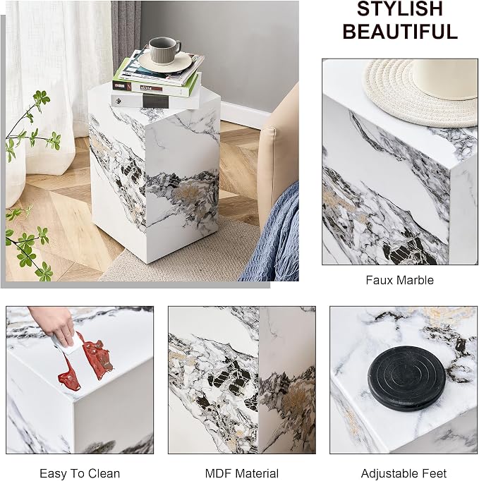 White Marble Rectangular End Coffee Table, Modern Elegant Bedside Nightstand - Image 3