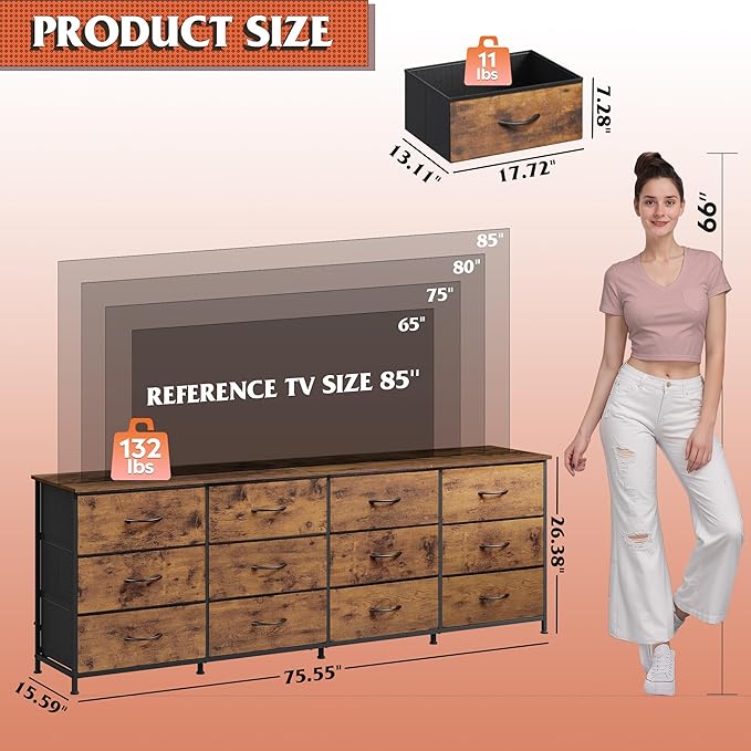 WLIVE 75.5'' Dresser for Bedroom, TV Stand for 85, 65 Inch TV, 12 Drawer Long - Image 3