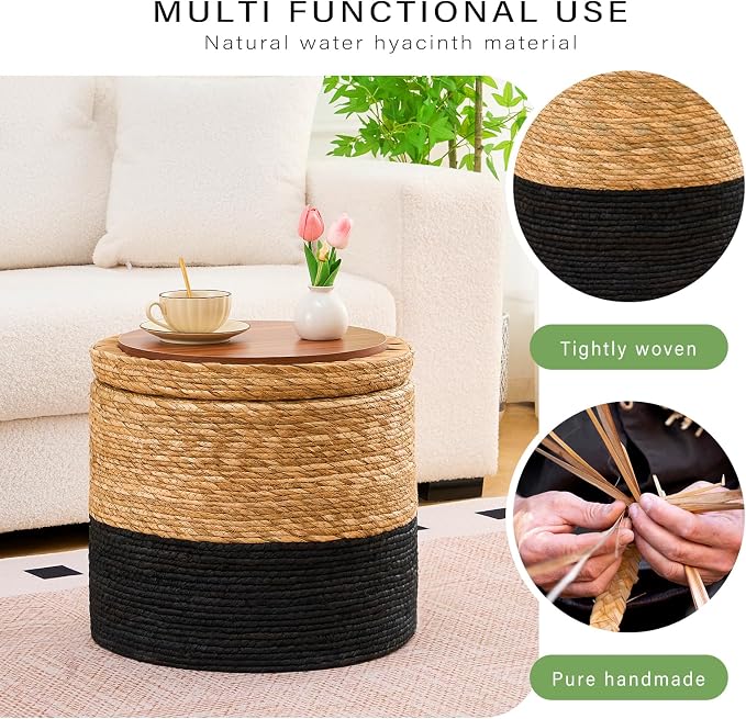 Wimarsbon Round Pouf Ottomans, Handwoven Natural Water Hyacinth Seagrass Pouffe - Image 4